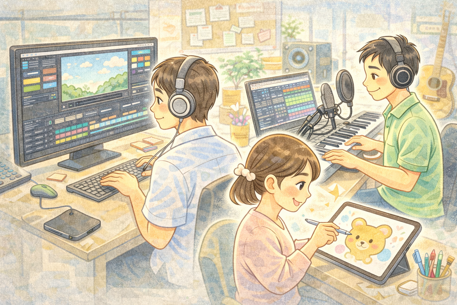 B型事業所で動画編集をするイラスト