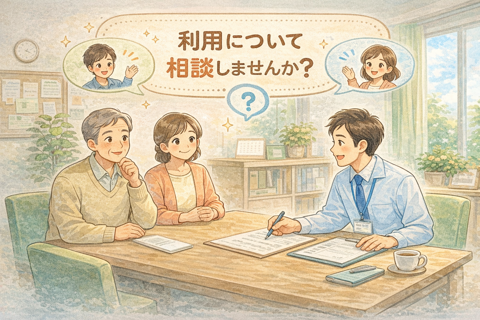 家族が就労支援について相談するイラスト