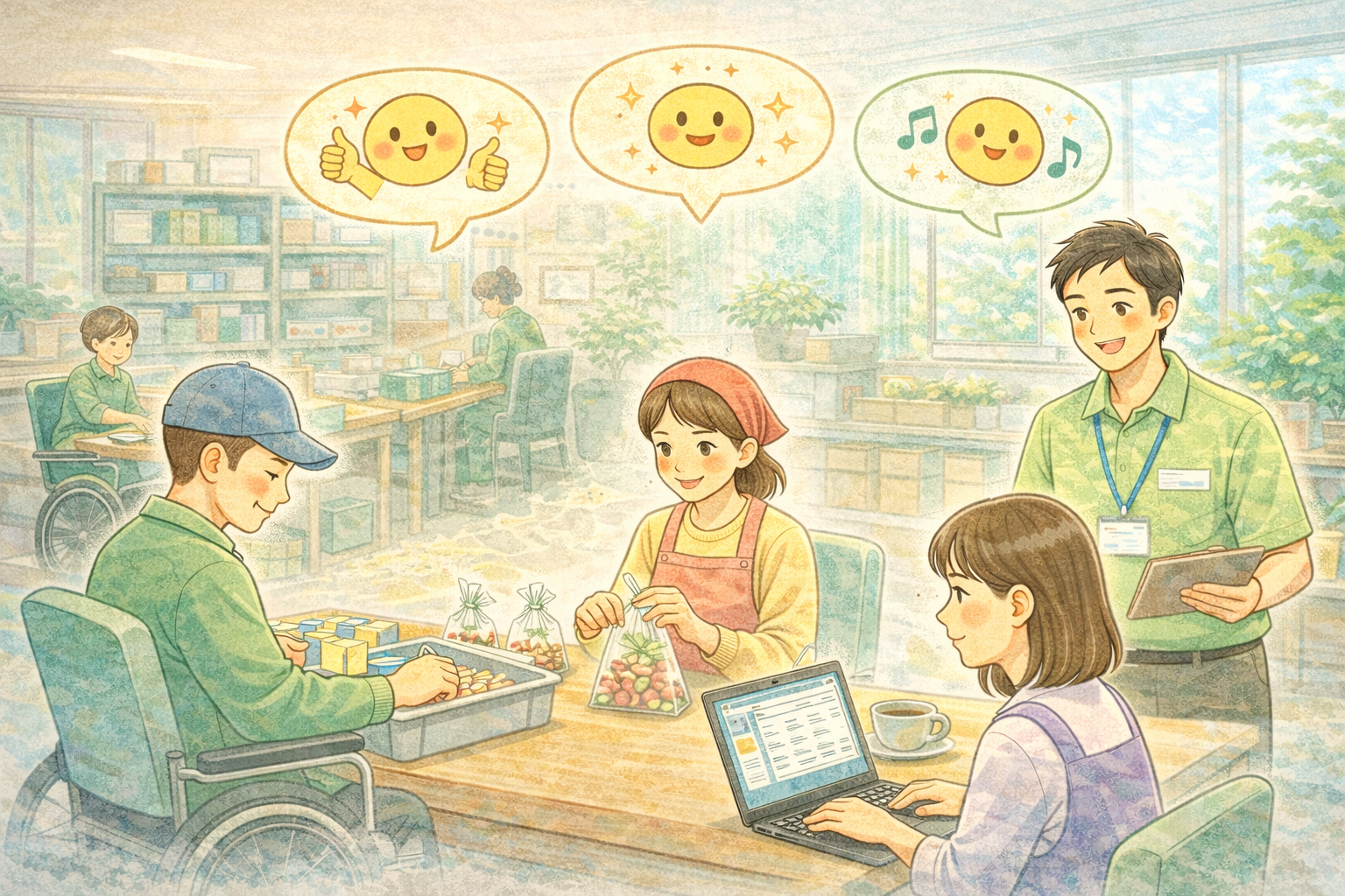 B型事業所での仕事内容と工賃のイラスト