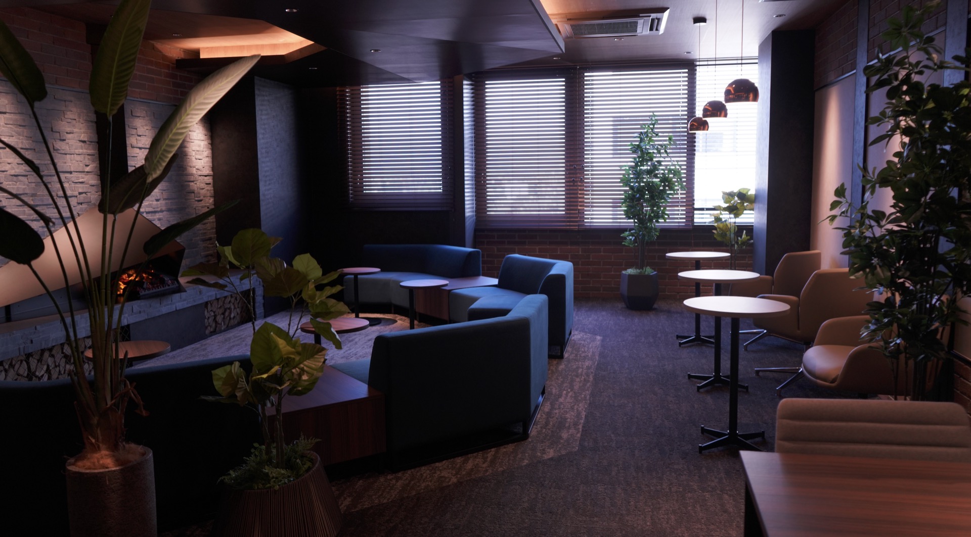 PONO 7階ラウンジの全景。ソファ席、テーブル席、窓際の椅子席が並ぶ空間