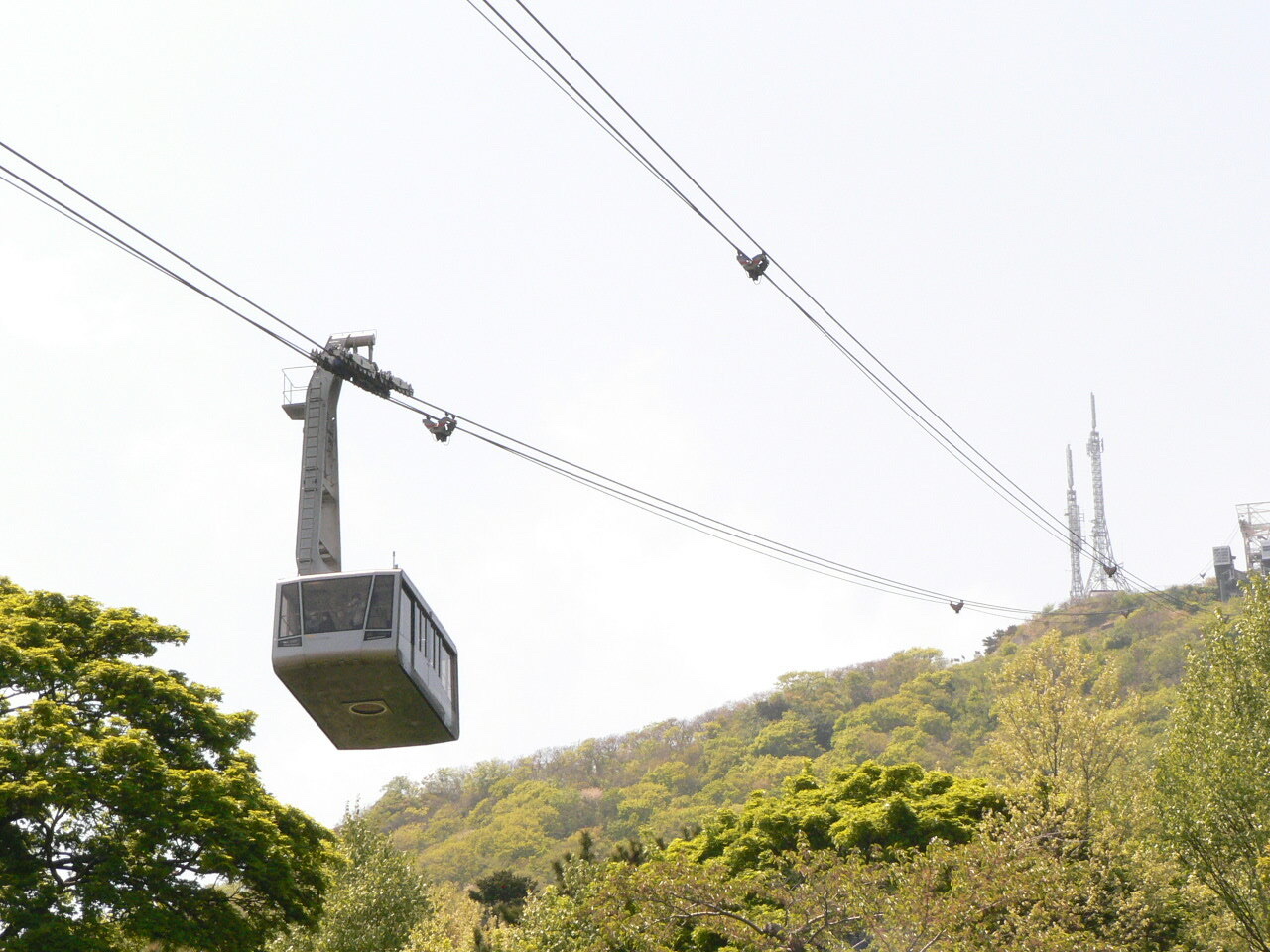 函館山のロープウェイ。新緑の山を背景にゴンドラが運行している